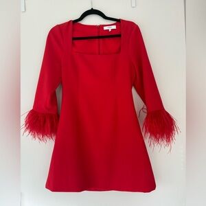 Size 6 Red Dress by Likely with Feathered Cuffs. Perfect Valentine’s Day Dress.